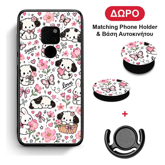 Pink Florals Puppies and Bunnies on White - Huawei Mate 20 θήκη + Δώρο Phone Holder & Βάση Αυτοκινήτου