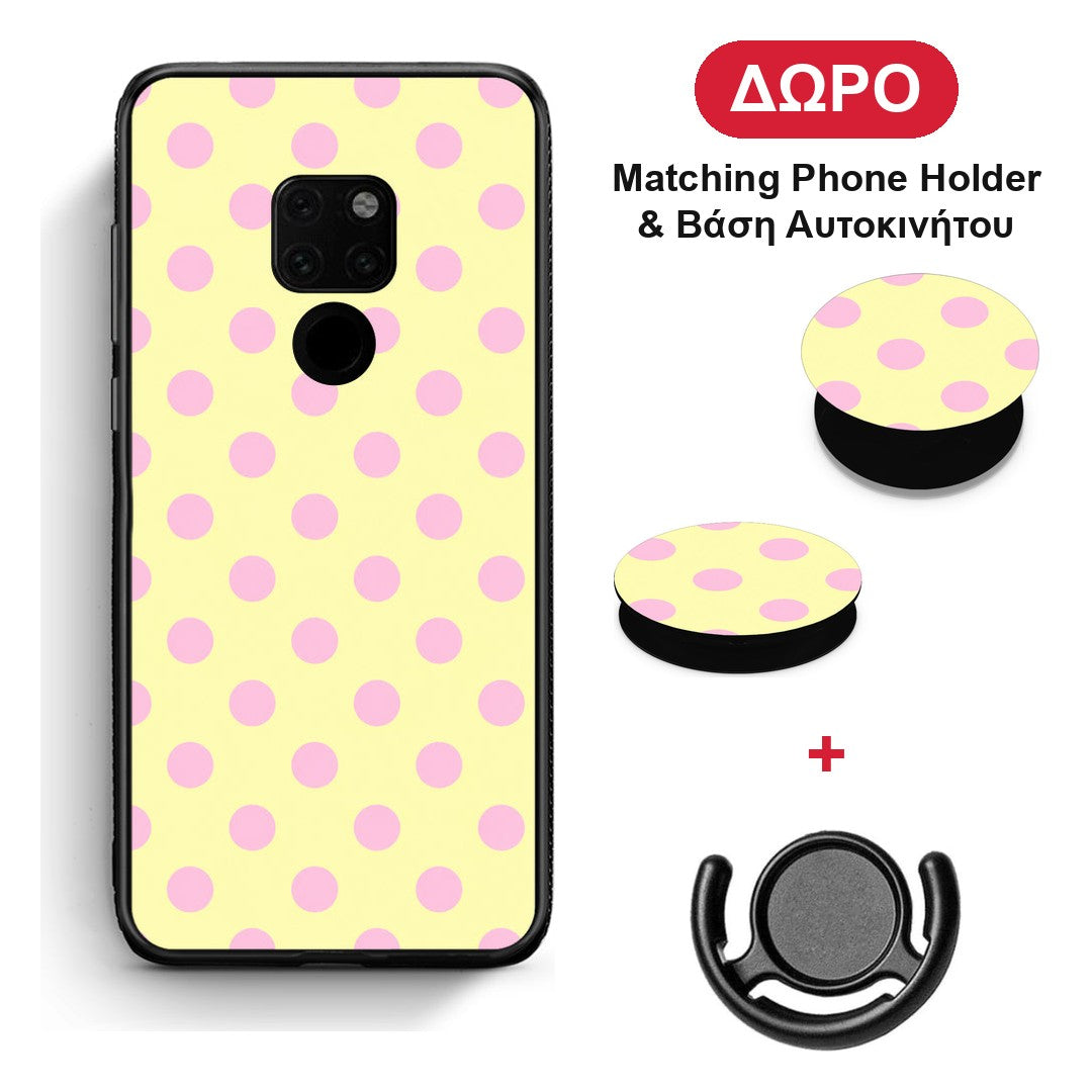 Pink Polka Dots on Yellow - Huawei Mate 20 θήκη + Δώρο Phone Holder & Βάση Αυτοκινήτου