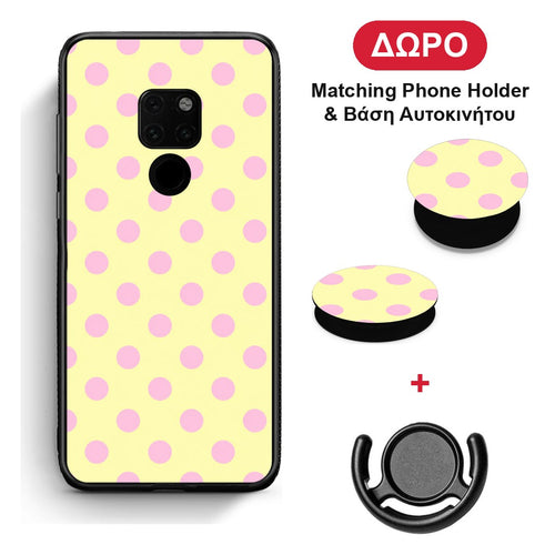 Pink Polka Dots on Yellow - Huawei Mate 20 θήκη + Δώρο Phone Holder & Βάση Αυτοκινήτου