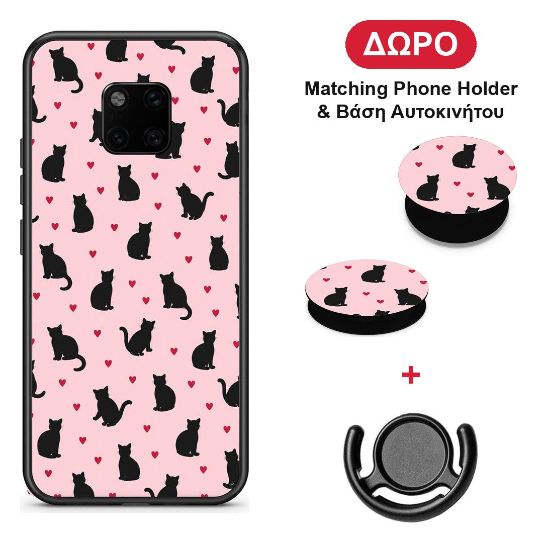 Black Cat Silhouettes and Hearts on Pink - Huawei Mate 20 Pro θήκη + Δώρο Phone Holder & Βάση Αυτοκινήτου
