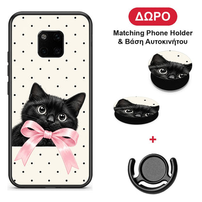 Black Kitten Pink Bow and Polka Dots - Huawei Mate 20 Pro θήκη + Δώρο Phone Holder & Βάση Αυτοκινήτου