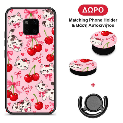 Cherries Bows and Kittens on Pink - Huawei Mate 20 Pro θήκη + Δώρο Phone Holder & Βάση Αυτοκινήτου