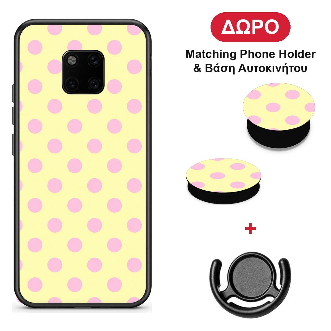 Pink Polka Dots on Yellow - Huawei Mate 20 Pro θήκη + Δώρο Phone Holder & Βάση Αυτοκινήτου