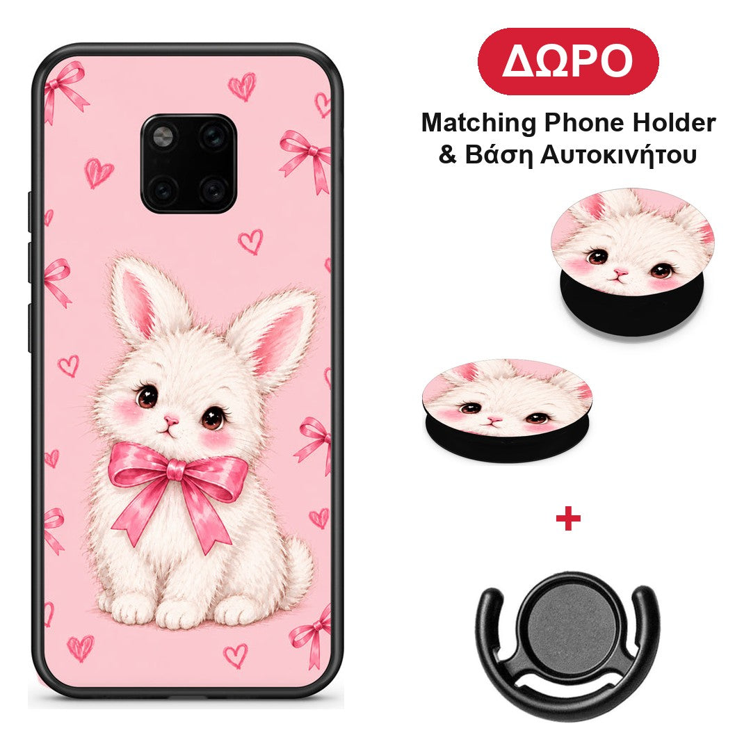 White Bunny and Pink Bows - Huawei Mate 20 Pro θήκη + Δώρο Phone Holder & Βάση Αυτοκινήτου