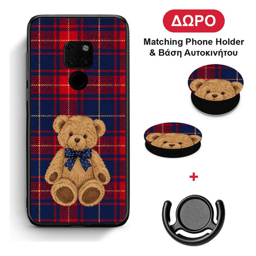 Teddy Bear on Red and Navy Tartan - Huawei Mate 20 θήκη + Δώρο Phone Holder & Βάση Αυτοκινήτου