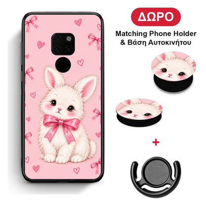 White Bunny and Pink Bows - Huawei Mate 20 θήκη + Δώρο Phone Holder & Βάση Αυτοκινήτου