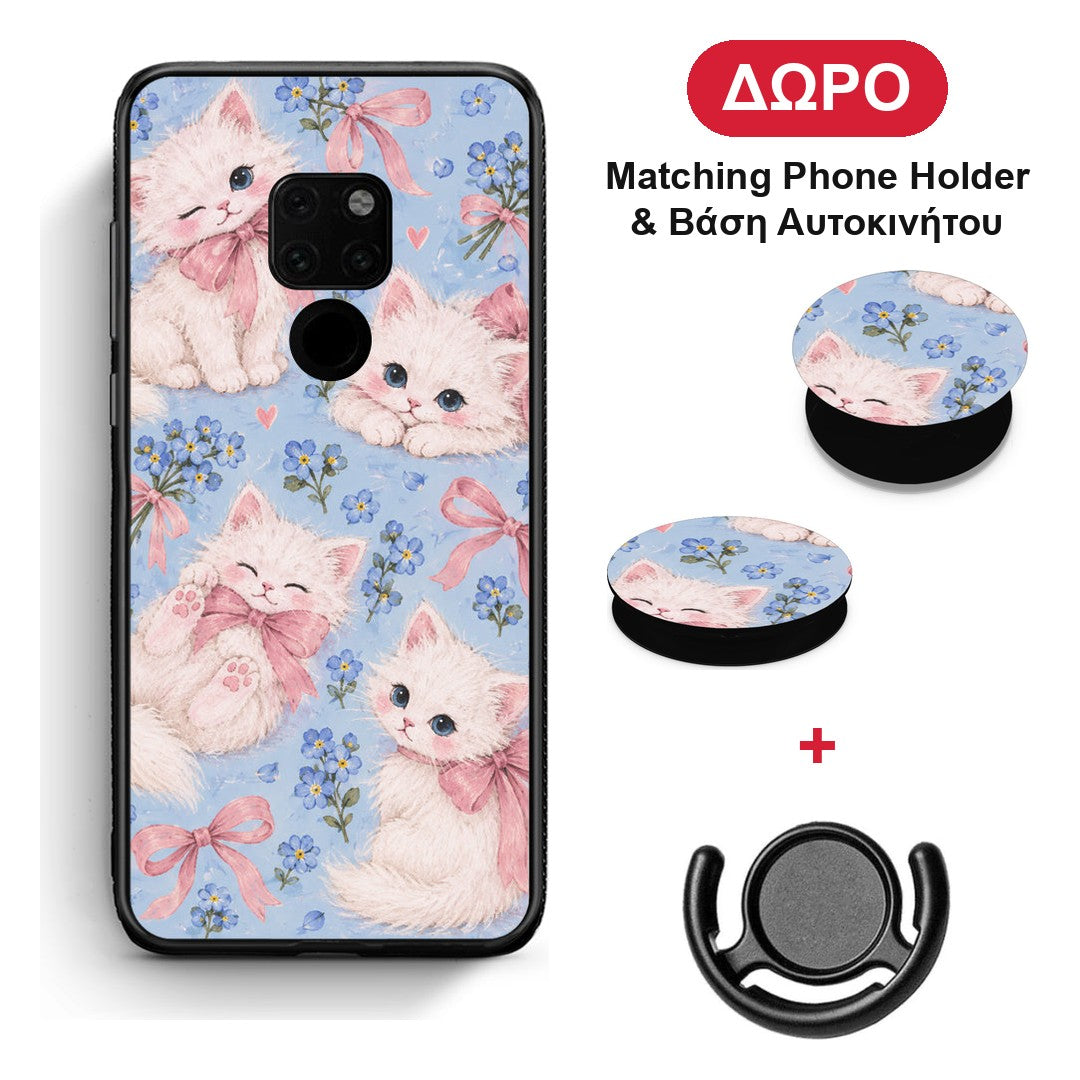 White Kittens and Blue Flowers Large - Huawei Mate 20 θήκη + Δώρο Phone Holder & Βάση Αυτοκινήτου