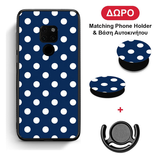 White Large Polka Dots on Navy - Huawei Mate 20 θήκη + Δώρο Phone Holder & Βάση Αυτοκινήτου