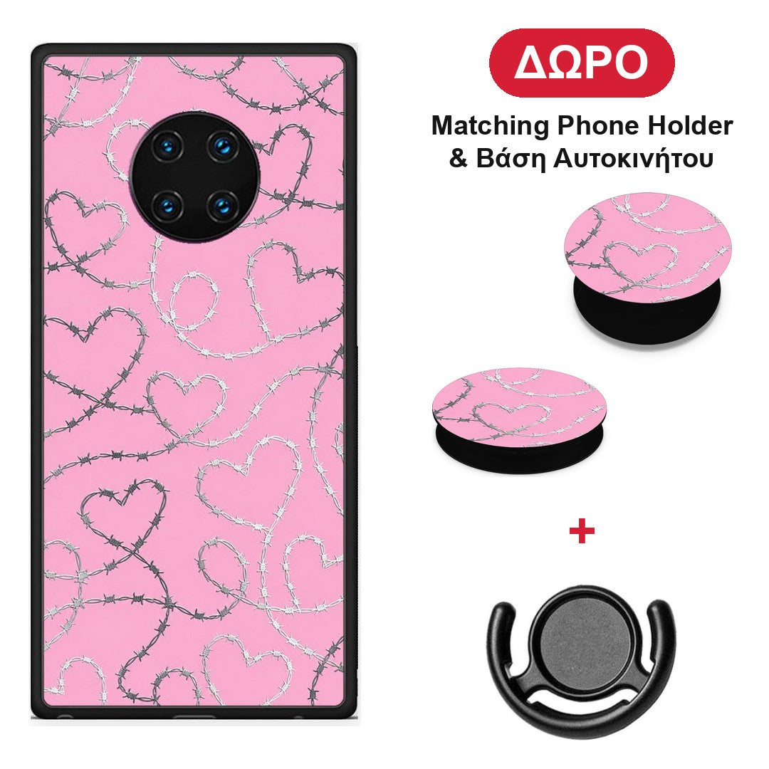 Barbed Wire Hearts on Pink - Huawei Mate 30 Pro θήκη + Δώρο Phone Holder & Βάση Αυτοκινήτου