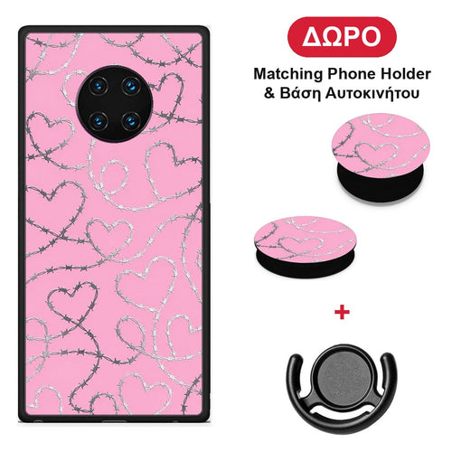 Barbed Wire Hearts on Pink - Huawei Mate 30 Pro θήκη + Δώρο Phone Holder & Βάση Αυτοκινήτου