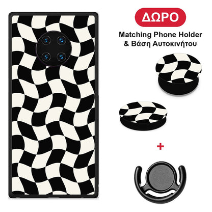 Black and Cream Wavy Checkerboard - Huawei Mate 30 Pro θήκη + Δώρο Phone Holder & Βάση Αυτοκινήτου