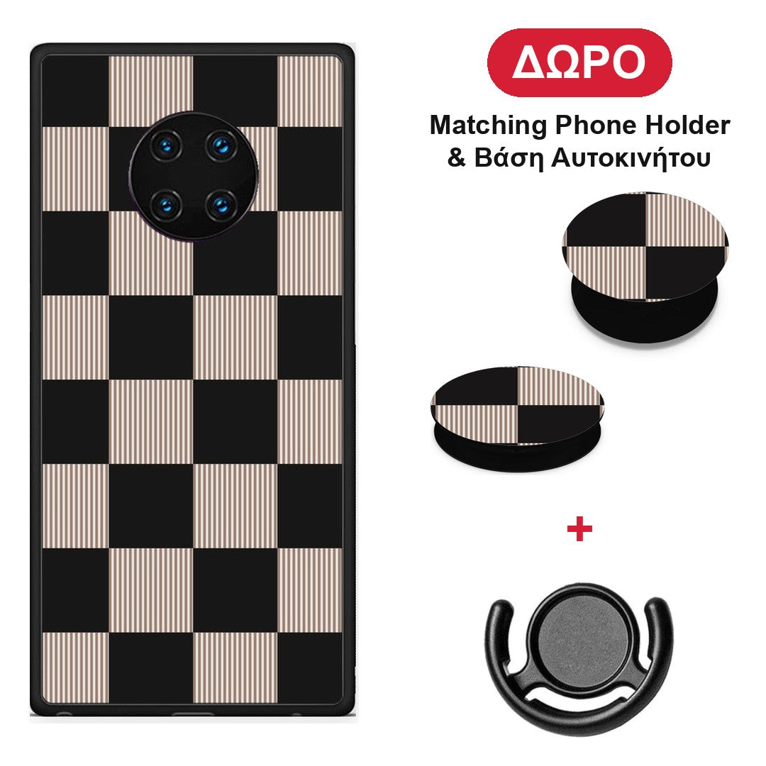 Black and Taupe Striped Checks - Huawei Mate 30 Pro θήκη + Δώρο Phone Holder & Βάση Αυτοκινήτου