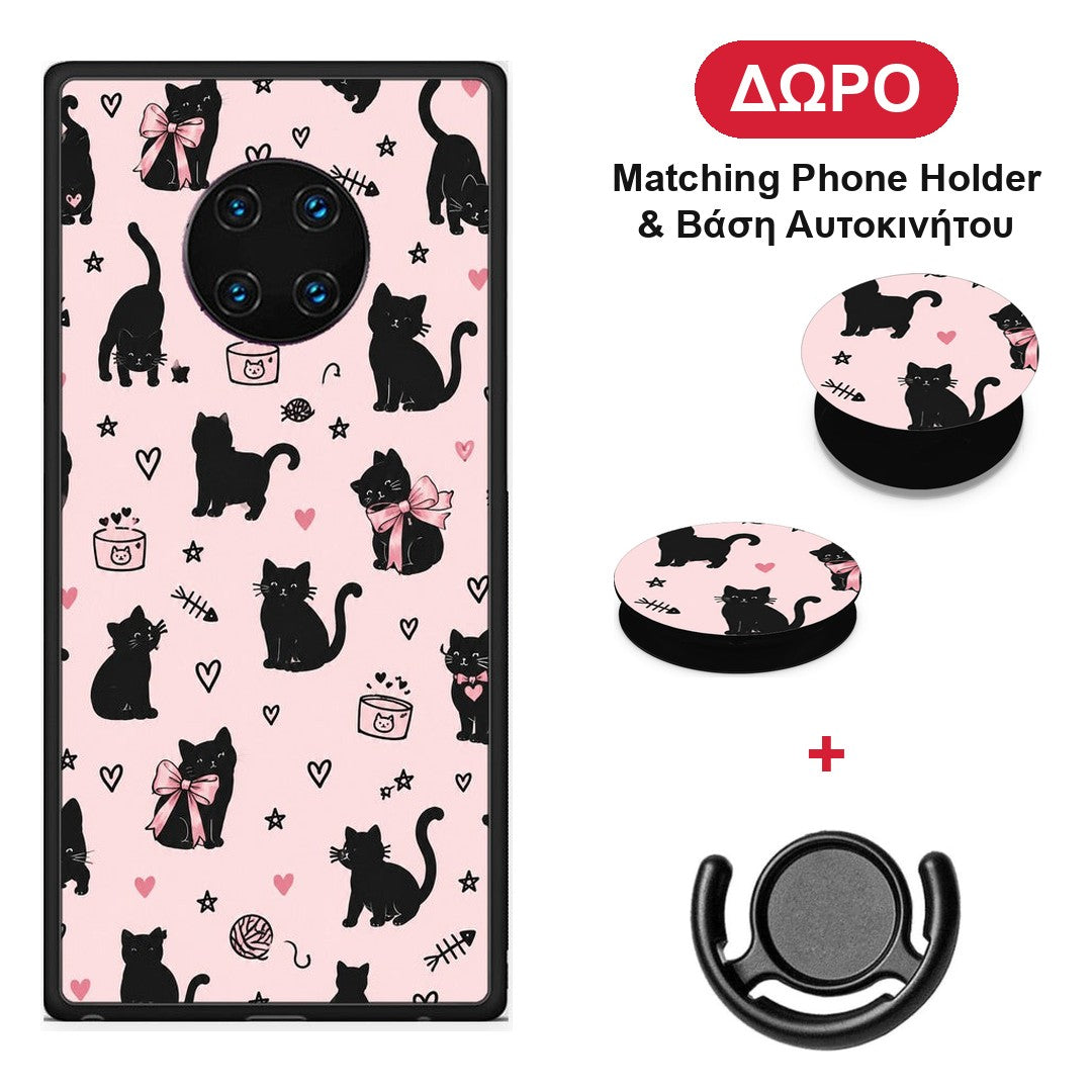 Black Cat Doodles on Pink - Huawei Mate 30 Pro θήκη + Δώρο Phone Holder & Βάση Αυτοκινήτου