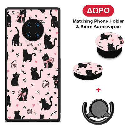 Black Cat Doodles on Pink - Huawei Mate 30 Pro θήκη + Δώρο Phone Holder & Βάση Αυτοκινήτου