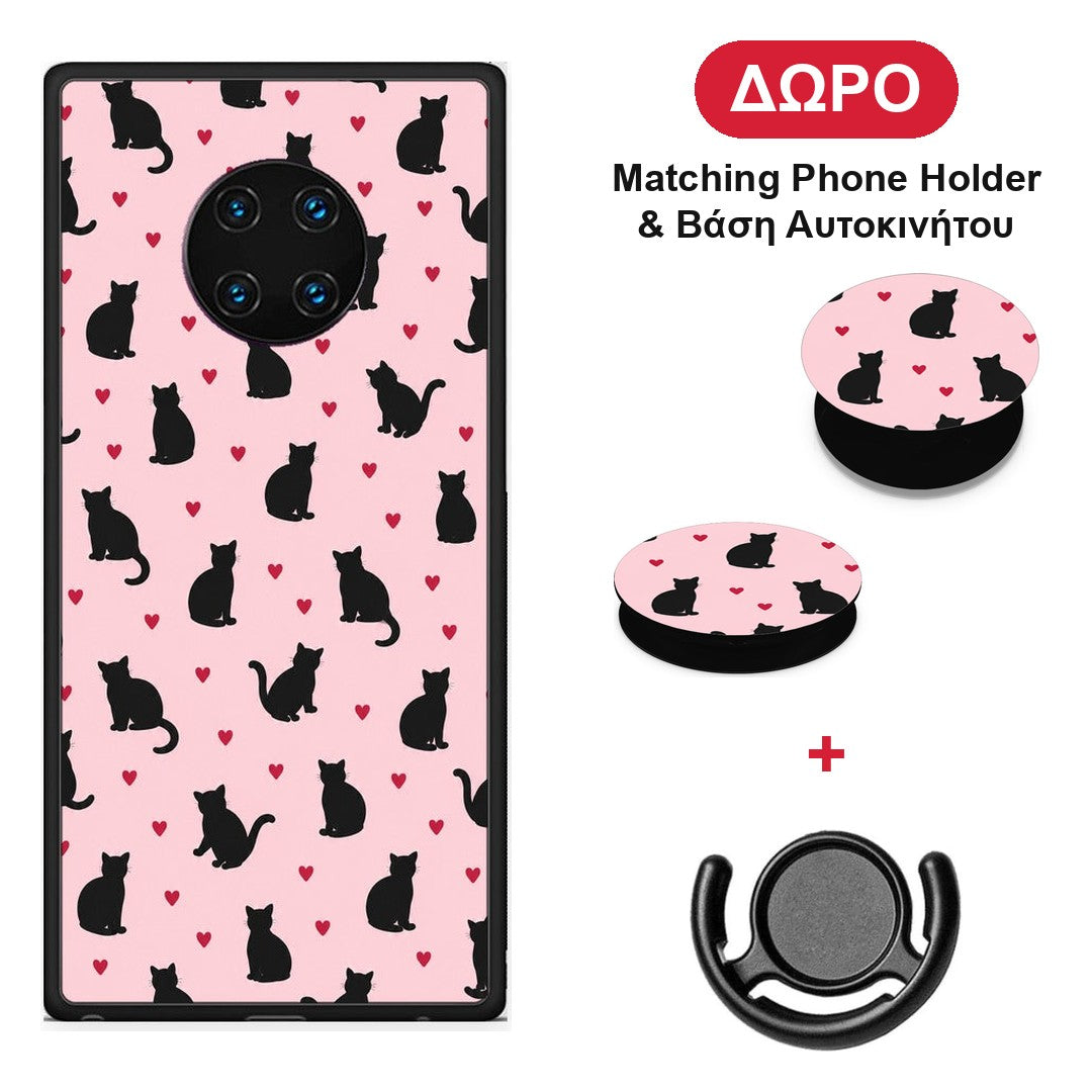 Black Cat Silhouettes and Hearts on Pink - Huawei Mate 30 Pro θήκη + Δώρο Phone Holder & Βάση Αυτοκινήτου