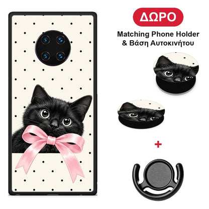 Black Kitten Pink Bow and Polka Dots - Huawei Mate 30 Pro θήκη + Δώρο Phone Holder & Βάση Αυτοκινήτου