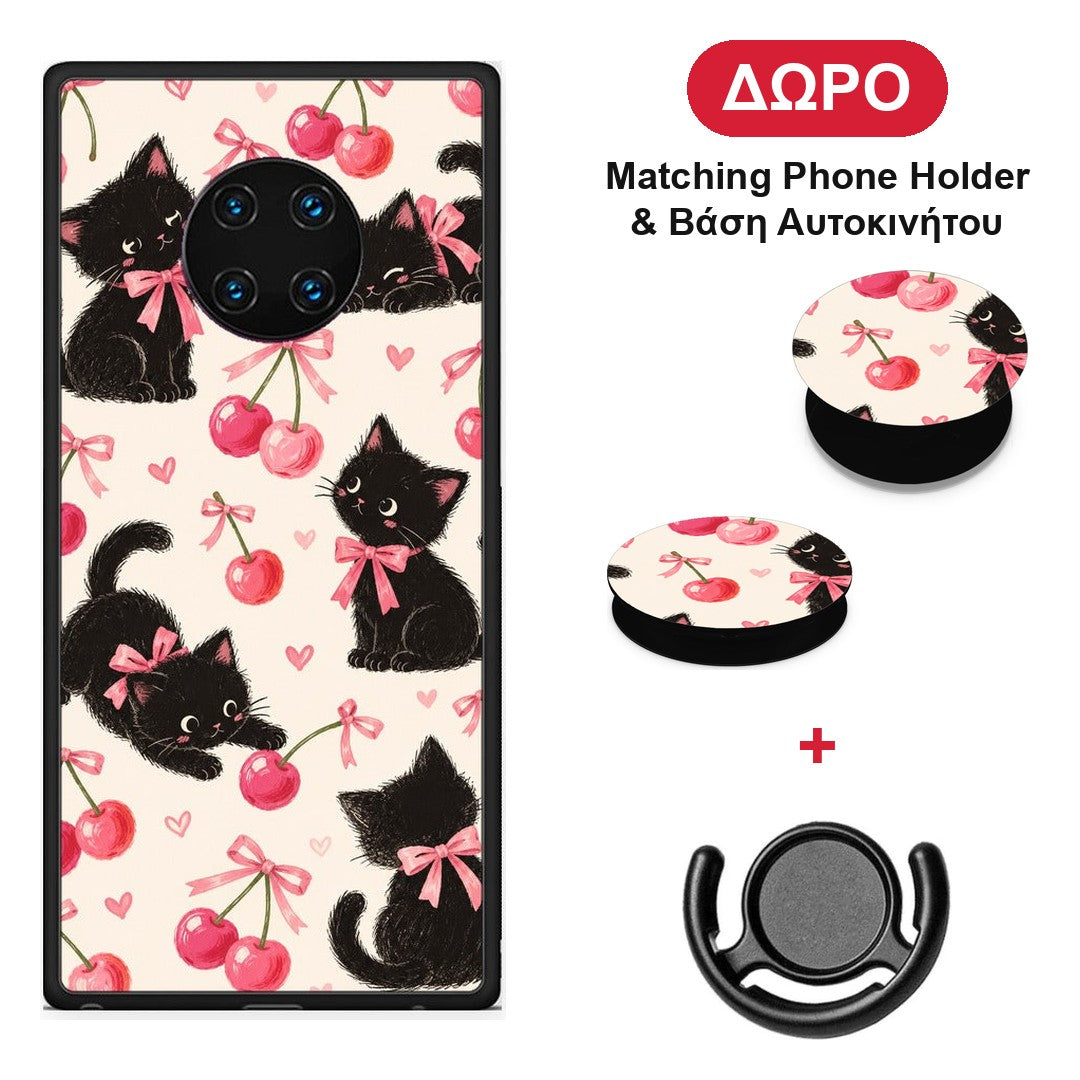 Black Kittens and Cherries on Cream - Huawei Mate 30 Pro θήκη + Δώρο Phone Holder & Βάση Αυτοκινήτου