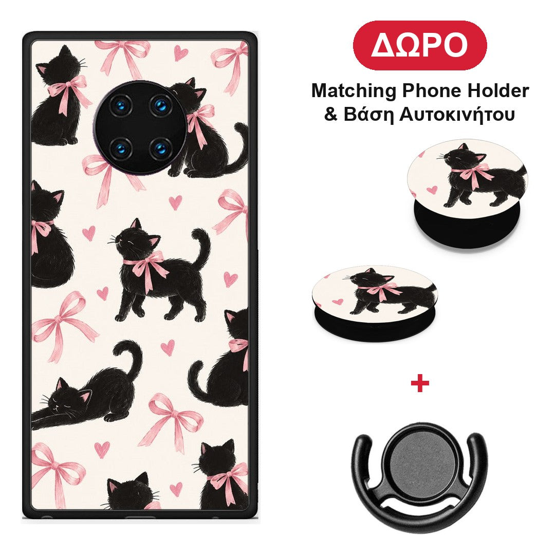 Black Kittens and Pink Bows on Cream Large - Huawei Mate 30 Pro θήκη + Δώρο Phone Holder & Βάση Αυτοκινήτου