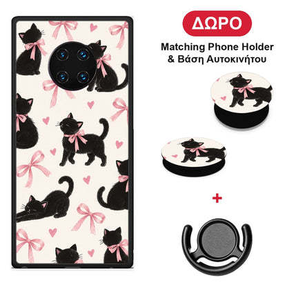 Black Kittens and Pink Bows on Cream Large - Huawei Mate 30 Pro θήκη + Δώρο Phone Holder & Βάση Αυτοκινήτου