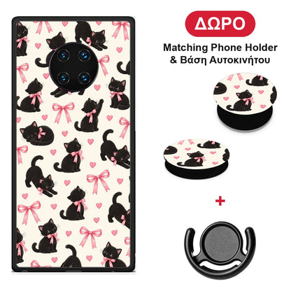 Black Kittens and Pink Bows on Cream Small - Huawei Mate 30 Pro θήκη + Δώρο Phone Holder & Βάση Αυτοκινήτου