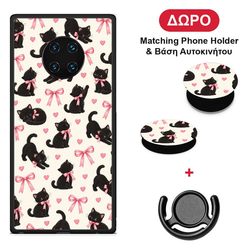 Black Kittens and Pink Bows on Cream Small - Huawei Mate 30 Pro θήκη + Δώρο Phone Holder & Βάση Αυτοκινήτου