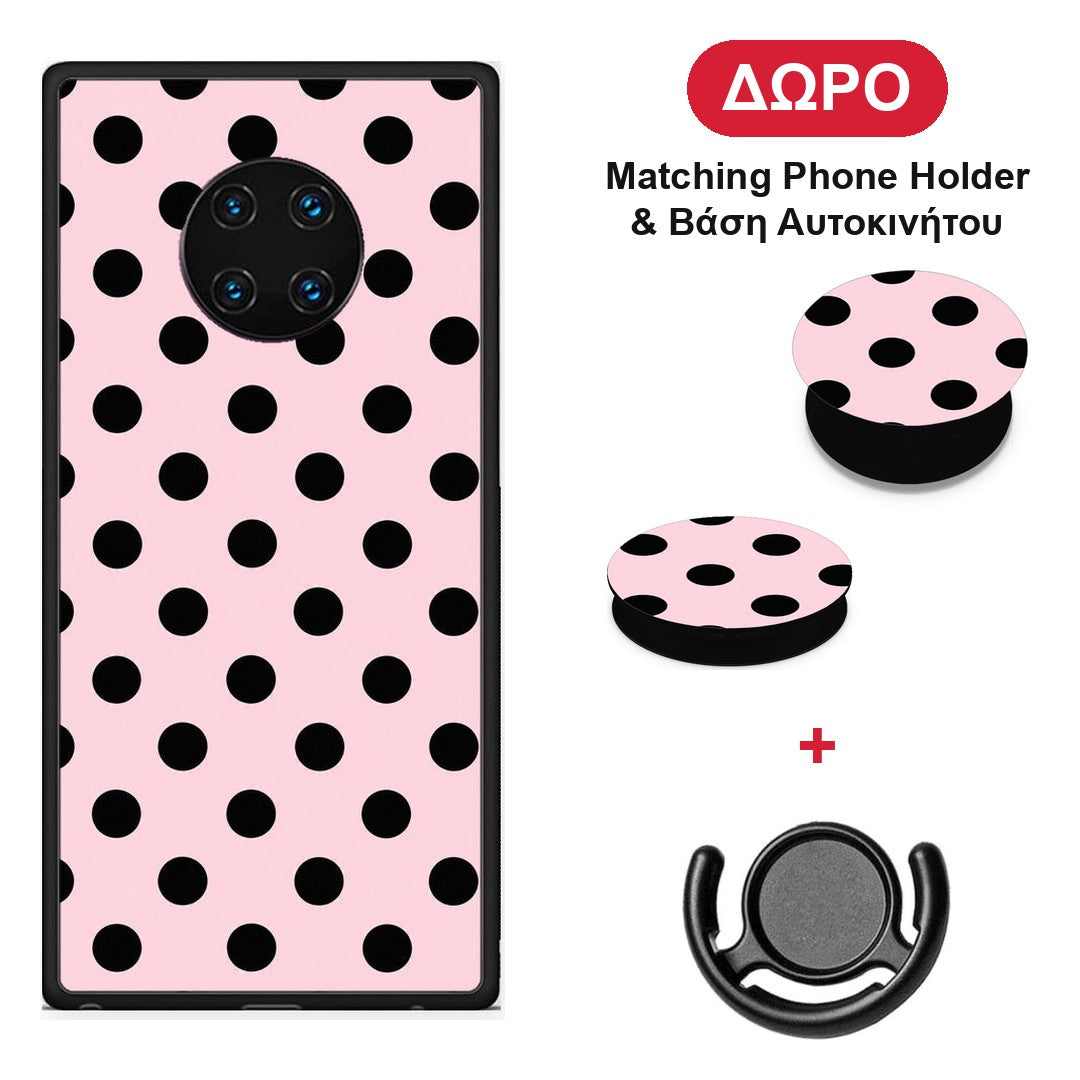 Black Polka Dots on Pink - Huawei Mate 30 Pro θήκη + Δώρο Phone Holder & Βάση Αυτοκινήτου
