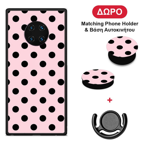 Black Polka Dots on Pink - Huawei Mate 30 Pro θήκη + Δώρο Phone Holder & Βάση Αυτοκινήτου