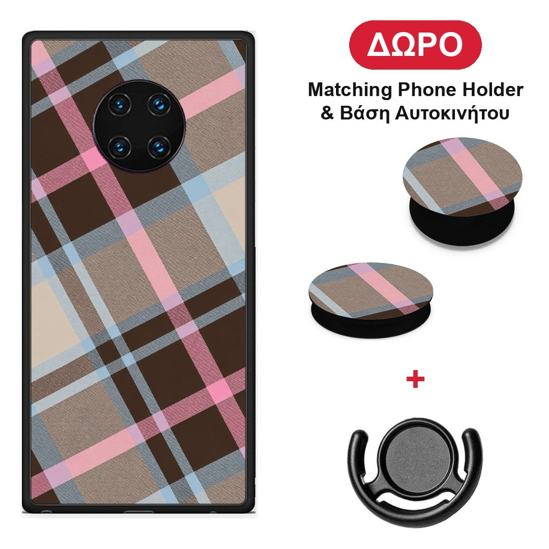 Brown Pink and Blue Diagonal Plaid - Huawei Mate 30 Pro θήκη + Δώρο Phone Holder & Βάση Αυτοκινήτου