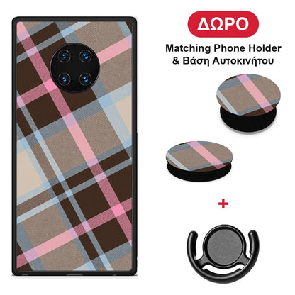 Brown Pink and Blue Diagonal Plaid - Huawei Mate 30 Pro θήκη + Δώρο Phone Holder & Βάση Αυτοκινήτου