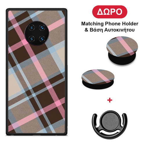 Brown Pink and Blue Diagonal Plaid - Huawei Mate 30 Pro θήκη + Δώρο Phone Holder & Βάση Αυτοκινήτου