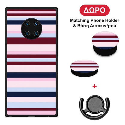 Burgundy Pink and Blue Horizontal Stripes - Huawei Mate 30 Pro θήκη + Δώρο Phone Holder & Βάση Αυτοκινήτου