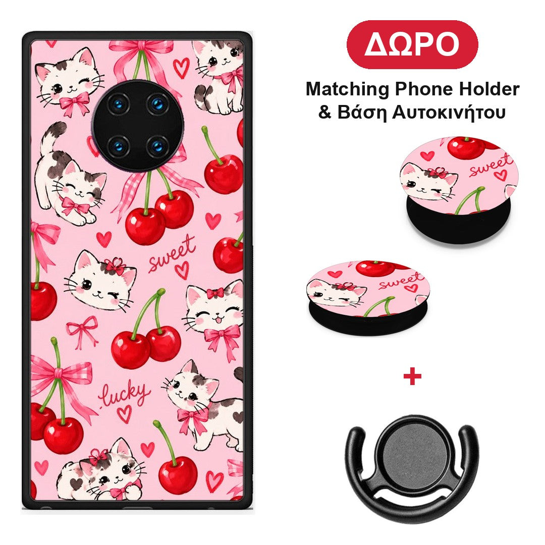 Cherries Bows and Kittens on Pink - Huawei Mate 30 Pro θήκη + Δώρο Phone Holder & Βάση Αυτοκινήτου