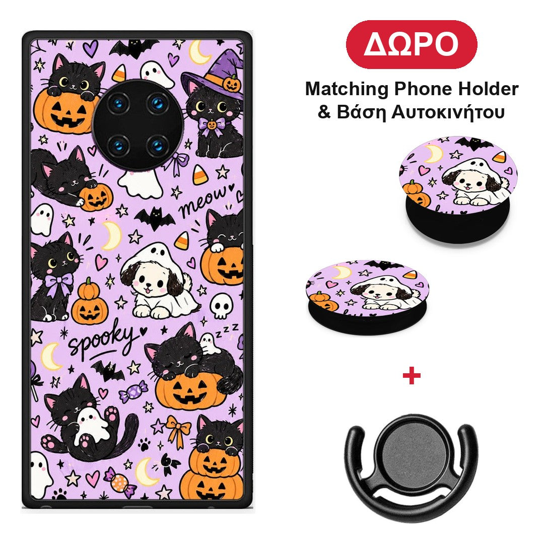 Halloween Black Cats on Lilac - Huawei Mate 30 Pro θήκη + Δώρο Phone Holder & Βάση Αυτοκινήτου