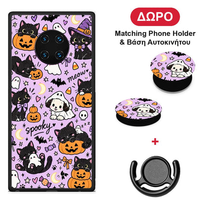 Halloween Black Cats on Lilac - Huawei Mate 30 Pro θήκη + Δώρο Phone Holder & Βάση Αυτοκινήτου