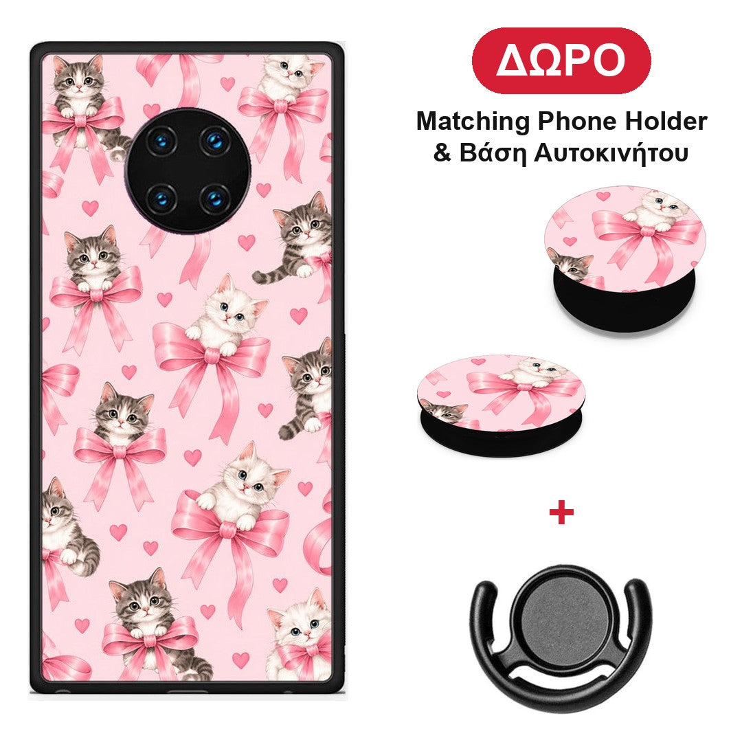 Kittens and Pink Bows on Pink - Huawei Mate 30 Pro θήκη + Δώρο Phone Holder & Βάση Αυτοκινήτου