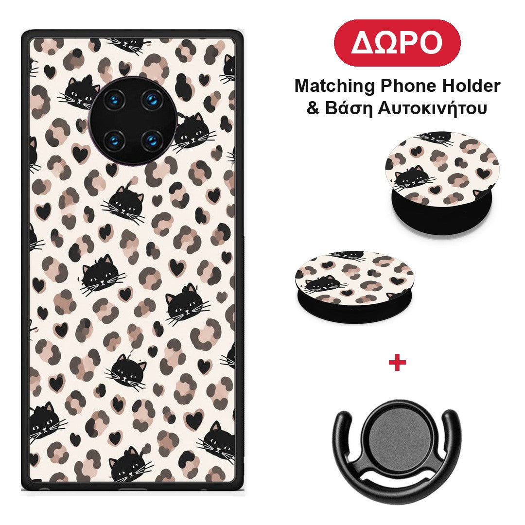 Leopard Spots and Black Cats on Cream - Huawei Mate 30 Pro θήκη + Δώρο Phone Holder & Βάση Αυτοκινήτου