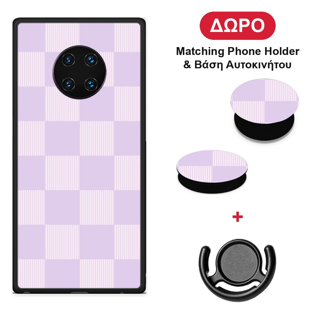 Lilac and Cream Striped Checks - Huawei Mate 30 Pro θήκη + Δώρο Phone Holder & Βάση Αυτοκινήτου