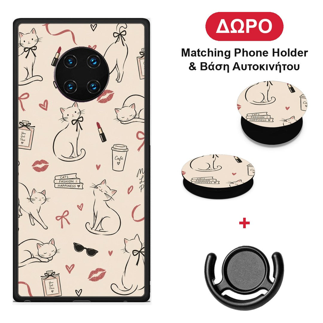 Minimal Cat and Fashion Doodles on Cream - Huawei Mate 30 Pro θήκη + Δώρο Phone Holder & Βάση Αυτοκινήτου