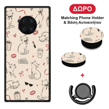 Minimal Cat and Fashion Doodles on Cream - Huawei Mate 30 Pro θήκη + Δώρο Phone Holder & Βάση Αυτοκινήτου