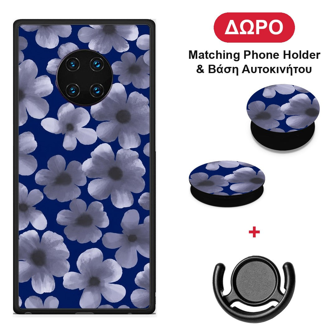Pale Blue Flowers on Navy - Huawei Mate 30 Pro θήκη + Δώρο Phone Holder & Βάση Αυτοκινήτου