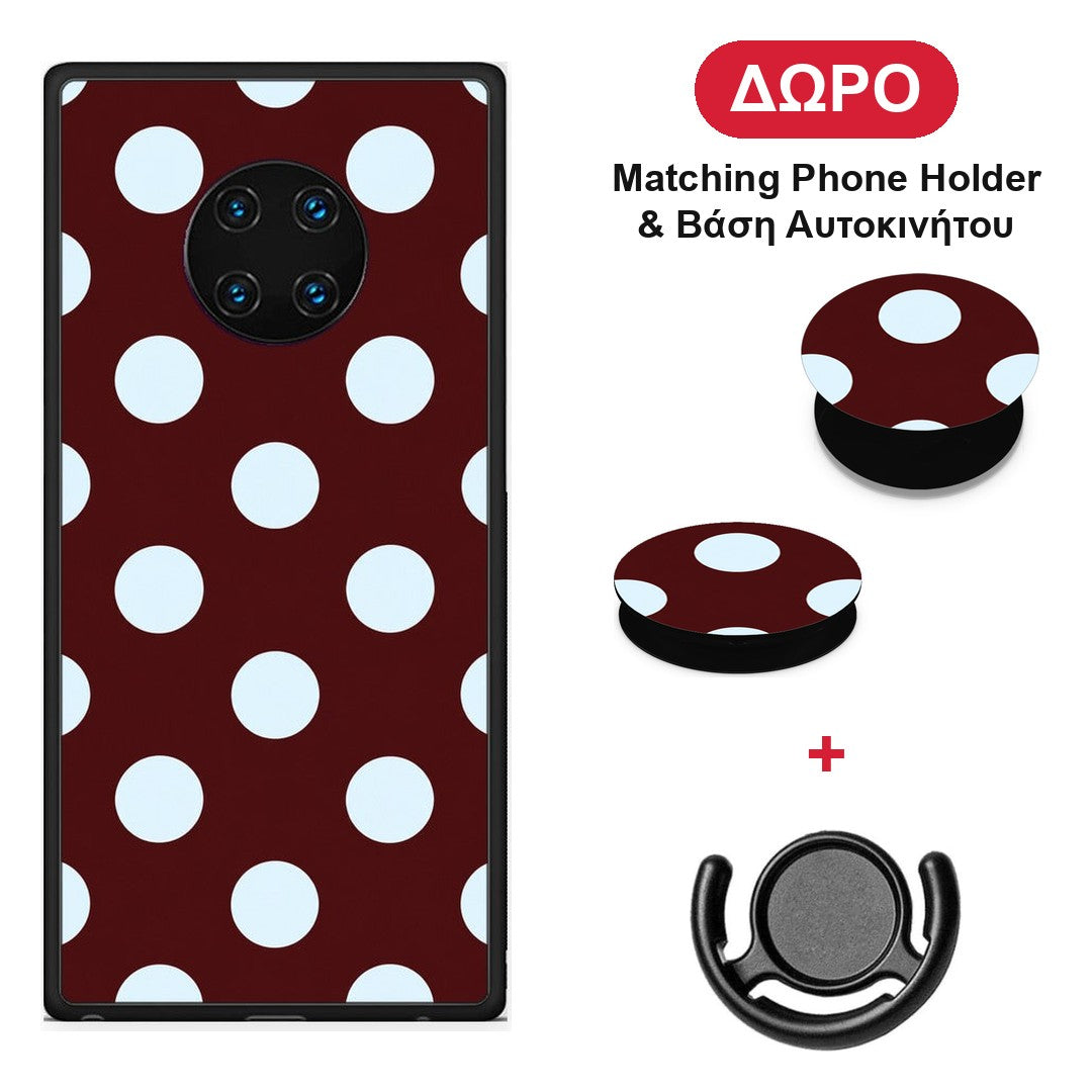 Pale Blue Large Polka Dots on Burgundy - Huawei Mate 30 Pro θήκη + Δώρο Phone Holder & Βάση Αυτοκινήτου