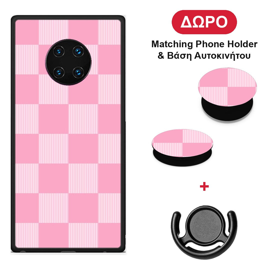 Pink and White Striped Checks - Huawei Mate 30 Pro θήκη + Δώρο Phone Holder & Βάση Αυτοκινήτου