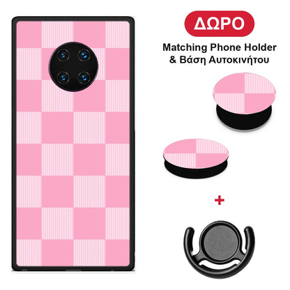 Pink and White Striped Checks - Huawei Mate 30 Pro θήκη + Δώρο Phone Holder & Βάση Αυτοκινήτου