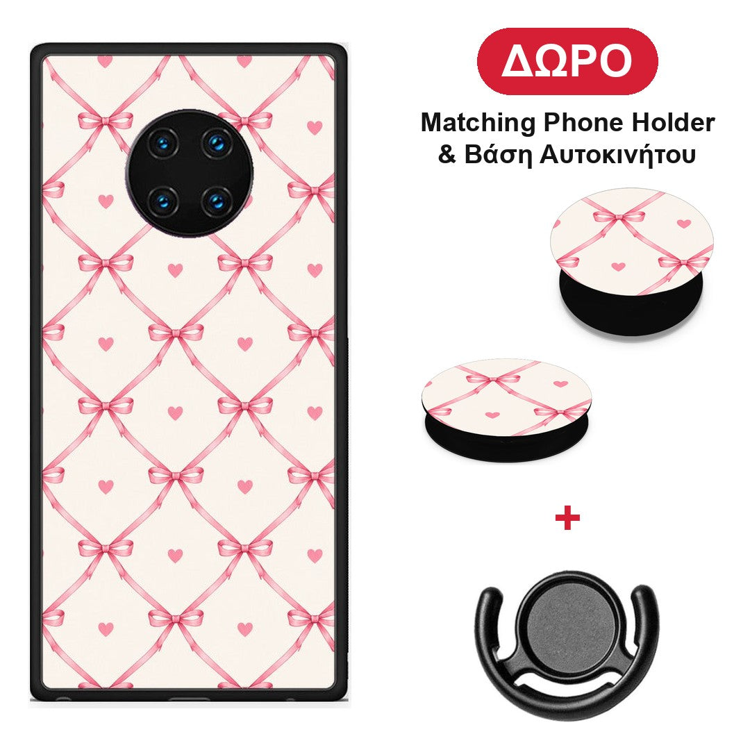 Pink Bow Lattice and Hearts on Cream - Huawei Mate 30 Pro θήκη + Δώρο Phone Holder & Βάση Αυτοκινήτου