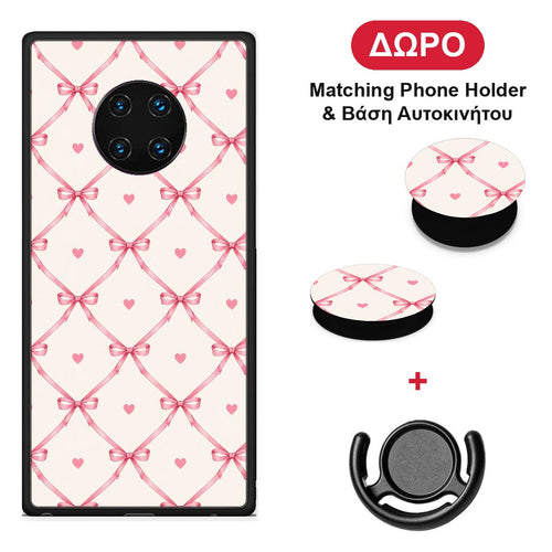 Pink Bow Lattice and Hearts on Cream - Huawei Mate 30 Pro θήκη + Δώρο Phone Holder & Βάση Αυτοκινήτου