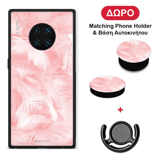 Boho Pink Feather - Huawei Mate 30 Pro θήκη + Δώρο Phone Holder & Βάση Αυτοκινήτου