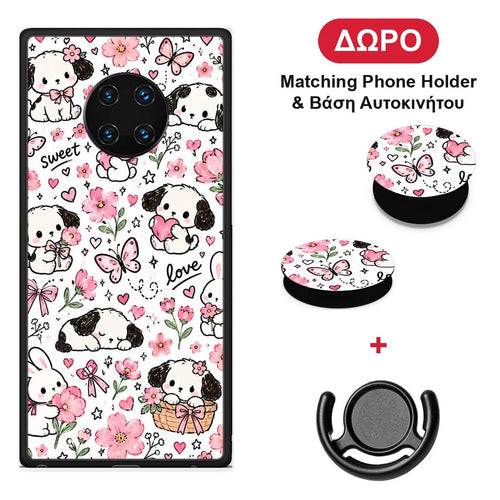Pink Florals Puppies and Bunnies on White - Huawei Mate 30 Pro θήκη + Δώρο Phone Holder & Βάση Αυτοκινήτου