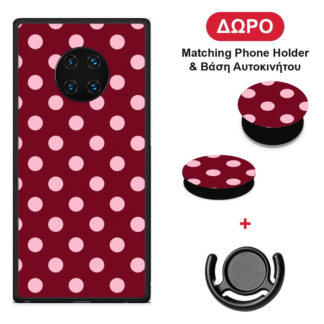 Pink Polka Dots on Burgundy - Huawei Mate 30 Pro θήκη + Δώρο Phone Holder & Βάση Αυτοκινήτου