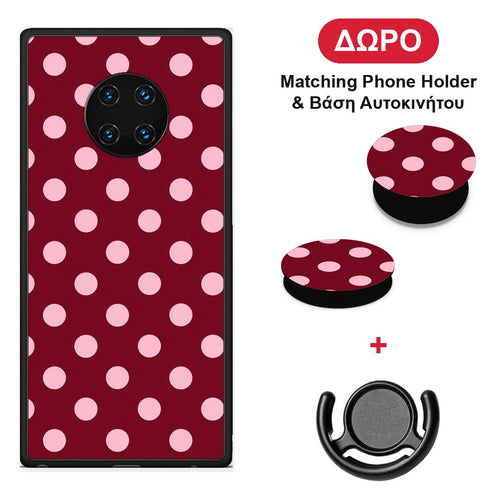 Pink Polka Dots on Burgundy - Huawei Mate 30 Pro θήκη + Δώρο Phone Holder & Βάση Αυτοκινήτου