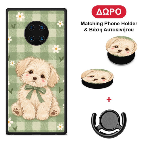 Puppy and Daisies on Sage Gingham - Huawei Mate 30 Pro θήκη + Δώρο Phone Holder & Βάση Αυτοκινήτου